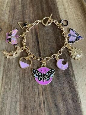 Handmade Gold-tone Pink & Black Moth Charm Bracelet